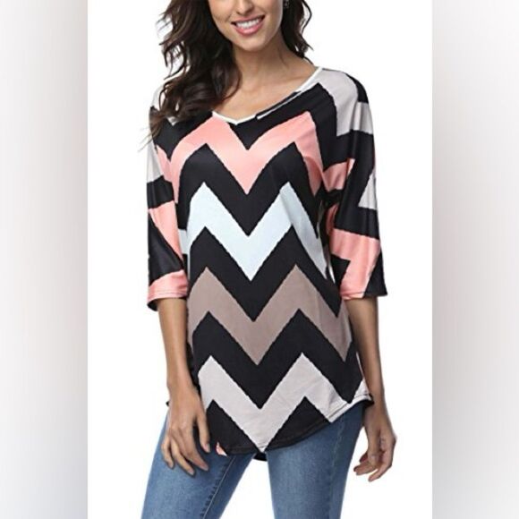 Chevron Tunic Dress Zig Zag Women’s Large Black Peach Long Shirt Top Fall Retro - Picture 2 of 10
